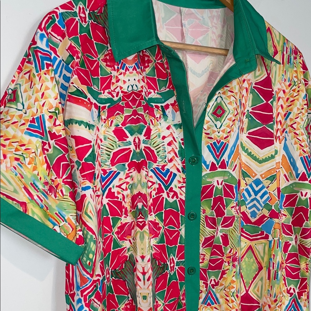 Colorful Hot Pink &  Green Geometric Print shirt Dress Sz M - Picture 3 of 6